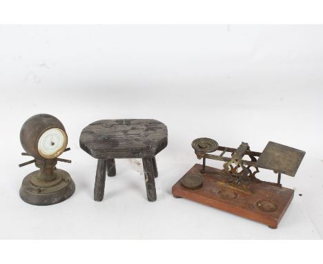S Mordan &amp; Co scales with some weights together with a primitive miniature stool and a barometer and clock (3)