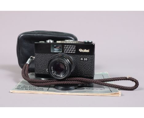 A Rollei B35 Compact Camera, black, made in Singapore, serial no 4603972, shutter working, meter responsive, body G-VG, some 