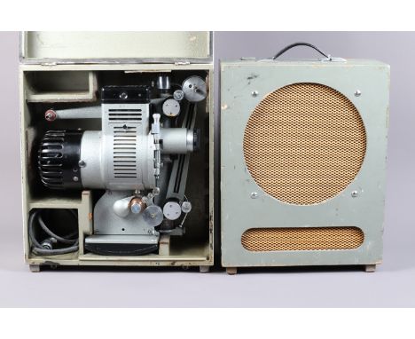 A Cinetechnic Debrie D16 16mm Sound Cine Projector, comprising a projector head including a P. Angenieux 50mm f/2 lens, spool