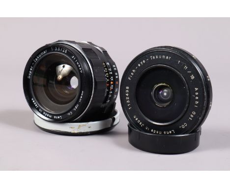 An Asahi Optical Fish-eye-Takumar 18mm f/11 Lens and a Super-Takumar 28mm Lens, M42 screw mount, serial no 1132498, manual on