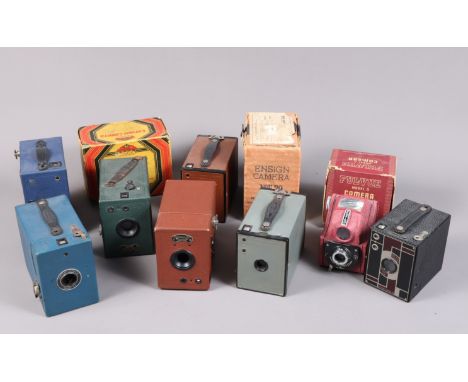 Coloured Box Cameras, including a black &amp; burgundy No 2 Beau Brownie, a green Coronet and a boxed brown Coronet, a blue P