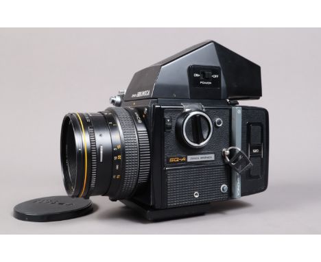 A Zenza Bronica SQ-A Camera, serial no 1227570, shutter working, body G-VG, with SQ AE metered prism finder, meter responsive