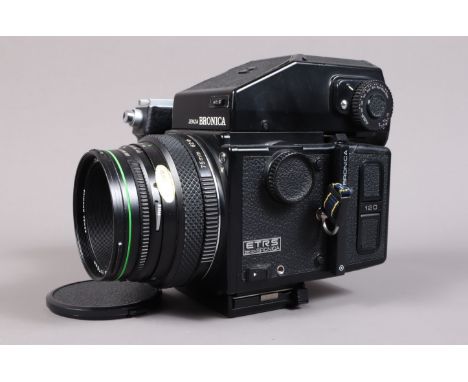 A Zenza Bronica ETRS Camera, serial no 7121358, shutter working, body G, light wear, with Zenzanon E II 75mm f/2.8 lens, seri