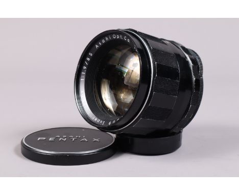 An Asahi Super-Takumar 85mm f/1.9 Lens, M42 screw mount, serial no 889509, barrel F-G, wear and fading to scales, elements F-