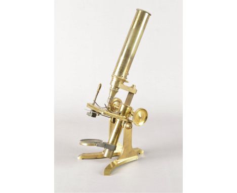 Late 19th Century lacquered brass Compound Monocular Microscopes,  first with eyepiece, rack and pinion coarse and micrometer