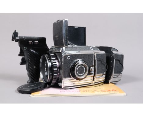 A Zenza Bronica S2A Camera, chrome, serial no CB 108359 S2A, shutter working, body G-VG, with Nikkor-P 75mm f/2.8 lens, seria