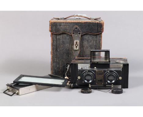 A Jeanneret Monobloc Stereoscopic Camera,  for 60mm x 130mm glass negatives, serial no. 7945, with twin Berthiot f/4.5 85mm l