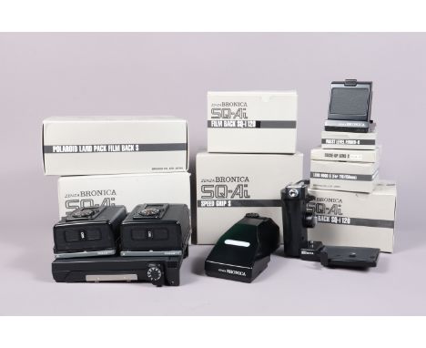 A Selection of Boxed Zenza Bronica SQ-Ai Camera Accessories, including a AE prism finder, untested, speed grip S, two 120 bac