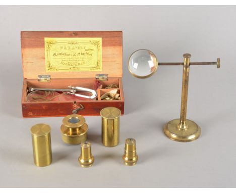 Microscope Parts and Accessories,  lacquered brass - R &amp; J Beck objectives (2), Nicol eyepiece and sub-stage prisms, cans