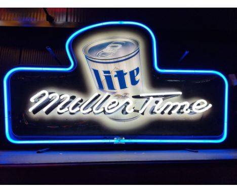 Vintage Miller Time, Miller Lite neon sign with printed backplate. Size: 50 x 80 x 15 cm. Condition: Very Good. Location: The