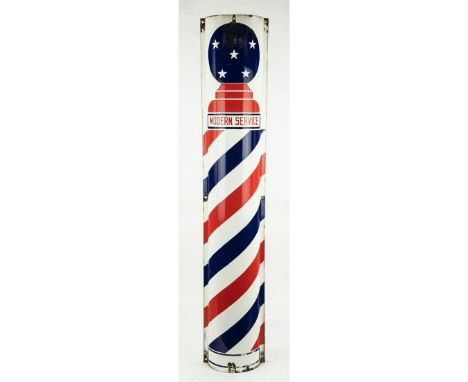 Curved enamel sign imitating a barber pole with the words "Modern Service" on the front of it. Bottom of sign is marked "Bob 