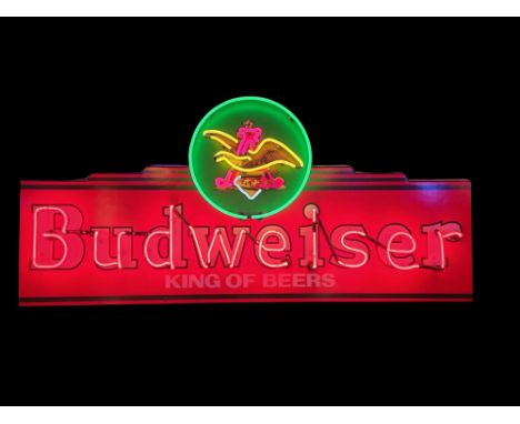 Large, vintage Budweiser, King of Beers neon sign with printed backplate. Size: 70 x 150 x 18 cm. Condition: Very Good. Locat