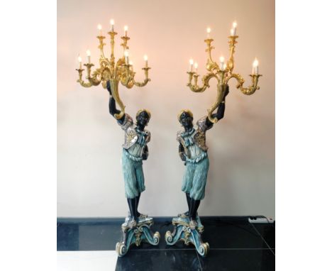 A set of 2 wooden black servant statues - floor standing lamps. The statues feature intricate details and a beautiful paint j