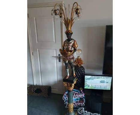 Blackamoor lamp and pillar in very good, working condition. Nicely detailed with beautiful colors. Total Size: 185cm x 46cm x