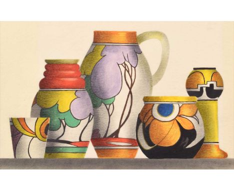 Trevor Grimshaw (British 1947-2001) "Clarice Cliff Pottery" Signed and dated '98, graphite and watercolour.20 x 31.5cm (frame