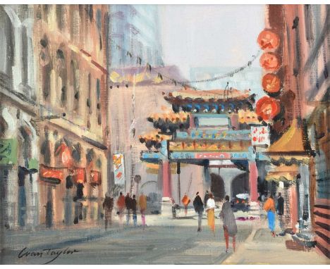 Ivan Taylor (British 1946-) "Chinatown, Manchester" Signed, titled on artist's label verso, oil on board.19.5 x 24.5cm (frame