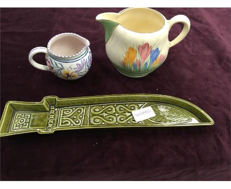 Clarice cliff crocus jug Poole jug with flowers and a knife shaped dish in green