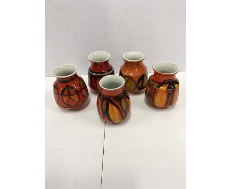 Five Poole Pottery Delphis vases 3.5", shape 31.