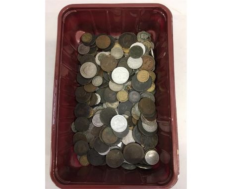 A box of various vintage coins.