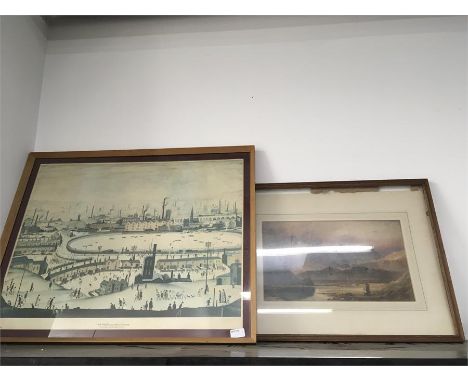 A Lowry print of the pond and a watercolour of a mountain  landscape 