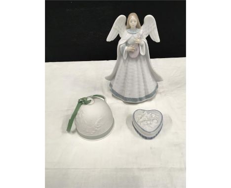 A Lladro figure Angelic Melody together with A Summer Bell and a heart box with boxes.