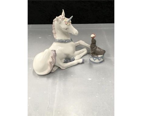A Lladro figure Little unicorn together with a performing seal both boxed 