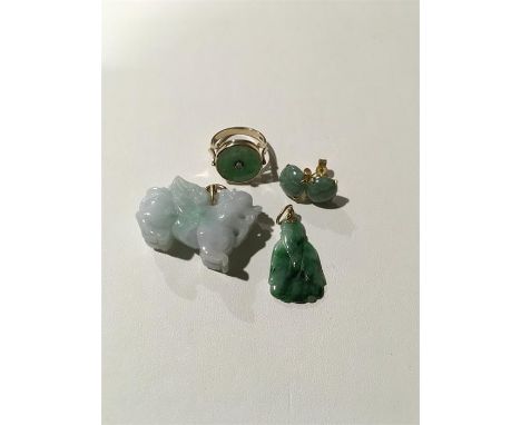 A group of Chinese Jadeite Jade items including a 9ct gold ring with a central rose cut Diamond, a pair of gold mounted stud 