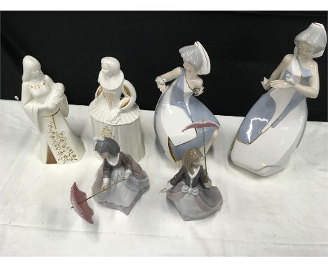 Three pairs of Figurines (6 in total). Two Poole Pottery, Two Lladro and two Tengra.