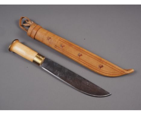 A Scandinavian knife with leather scabbard, 13" long 