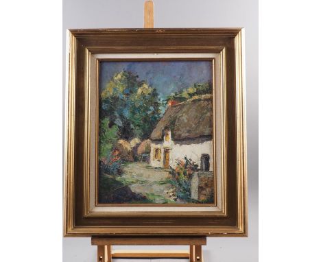 R Sartre: oil on board, "Ferme a Mazin Briere", cottage scene, 15 1/2" x 12 1/2", in gilt frame 