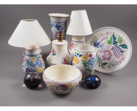 Three Poole pottery table lamps with floral decoration, tallest 7" high, three similar vases, a plate and bowl, and two Caith