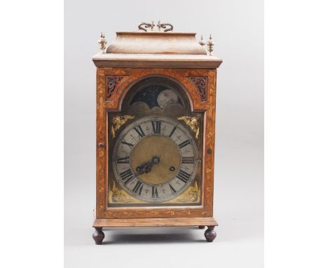 An 18th century Dutch rosewood and inlaid bracket clock with brass dial, silvered chapter ring and chiming moon phase movemen