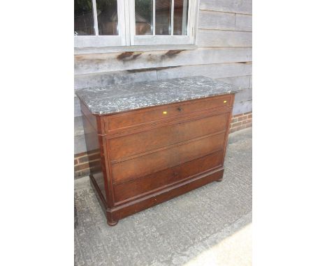 A 19th century French plum pudding marble top commode, fitted five drawers, on block base, 48" wide x 22" deep x 36 1/2" high