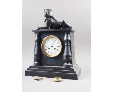 A late 19th century carved marble mantel clock with patinated Sphinx surmount and eight-day movement, by Henri Marc Paris, 18