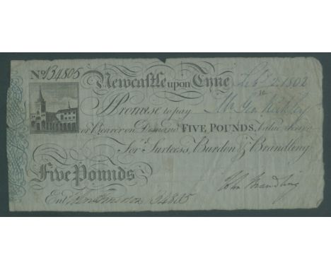FRAMED 1802 FIVE POUNDS BANK NOTE FOR NEWCASTLE UPON TYNE &amp; 1899 THE STANDARD BANK OF SOUTH AFRICA LIMITED CHEQUE 
ACCEPT