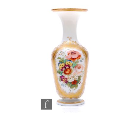 A 19th Century opal glass vase in the manner of Richardsons, the footed shouldered ovoid body with flared collar neck, hand e