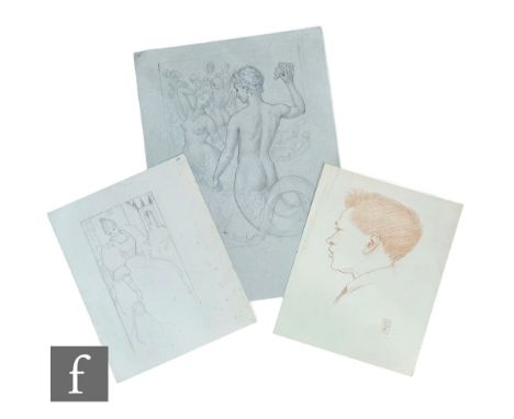 JOSEPH EDWARD SOUTHALL, RWS (1861-1944) - Merman and Mermaids, pencil sketch on grey paper, signed with monogram and dated 18