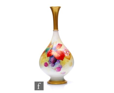 A Royal Worcester porcelain vase, Hadleys shape 307, of footed globe and shaft form with a drawn slender neck, hand decorated
