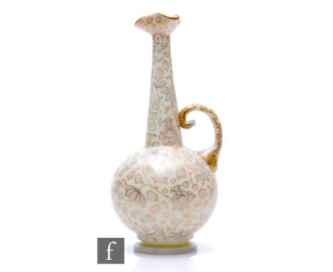 A large late 19th Century opal glass ewer by Tischer of Karlsblad, the footed globe and shaft body with triform rim and appli