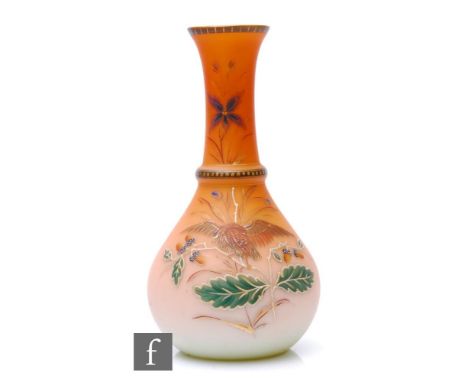 A late 19th Century Harrach Peach blow satin glass vase of ovoid form with waisted collar neck, enamel decorated with a bird 