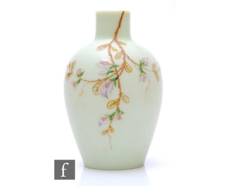 A late 19th Century Harrach opal glass vase of ovoid form with narrow collar neck, hand enamelled with wild broom over the iv