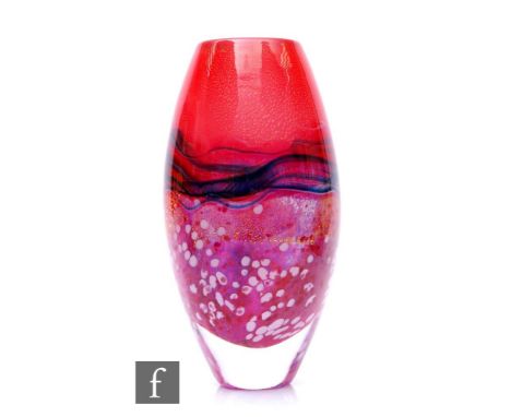 A contemporary Jonathan Harris studio glass vase in the Red Horizons pattern, of ovoid form, decorated with trails in blue an