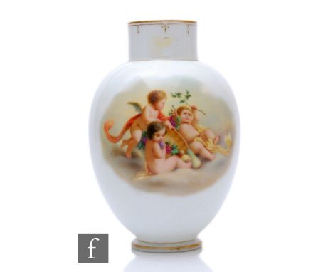 A large 19th Century Bohemian opal glass vase by Josef Ahne, of shouldered ovoid form with collar neck, the body hand painted