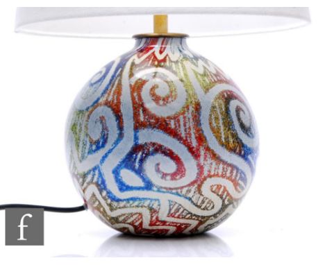 A contemporary Isle of Wight studio glass lamp base in the Jazz Nuvo pattern designed by Timothy Harris, of globe form and de