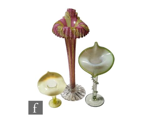 A large late 19th Century Stourbridge glass Jack in the Pulpit vase, the drawn trumpet with tight frill rim, internally decor