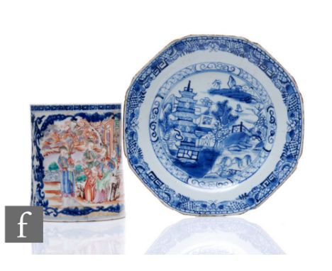 A Chinese 18th Century blue and white octagonal plate, diameter 22.5cm, together with an 18th Century export porcelain mug, h