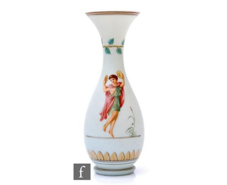 A 19th Century opal glass vase of footed ovoid form with flared neck, enamel decorated with a boy playing cymbals and a mytho