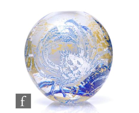 A contemporary Jonathan Harris studio silver graal glass vase of globe form, opal core cased in clear and internally decorate