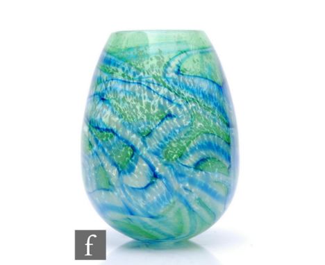 A contemporary&nbsp;OurGlass studio glass vase, of ovoid form internally decorated with mottled opal spots and blue streaks o