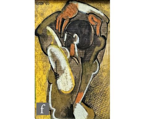 GEOFFREY KEY (BORN 1941) - 'Figure with Arms Raised', mixed media of ink and pastel, signed and dated '92, signed and titled 